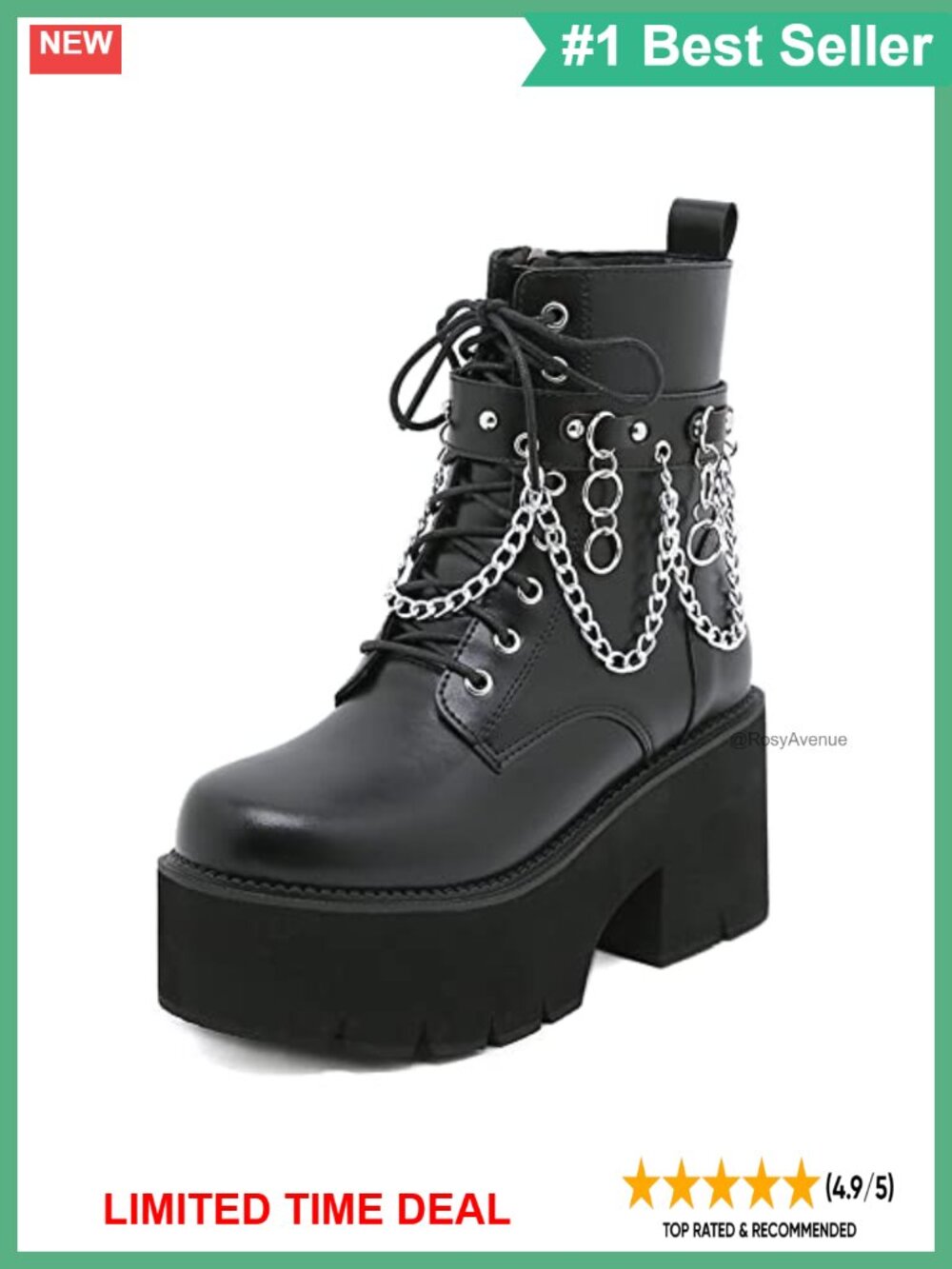 Platform Combat Boots with Chain Design Chunky Block Heel PU